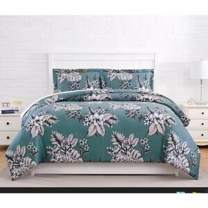 SouthShore Duvet Cover 2 Shams NEW Floral Green All Cotton Button Closure